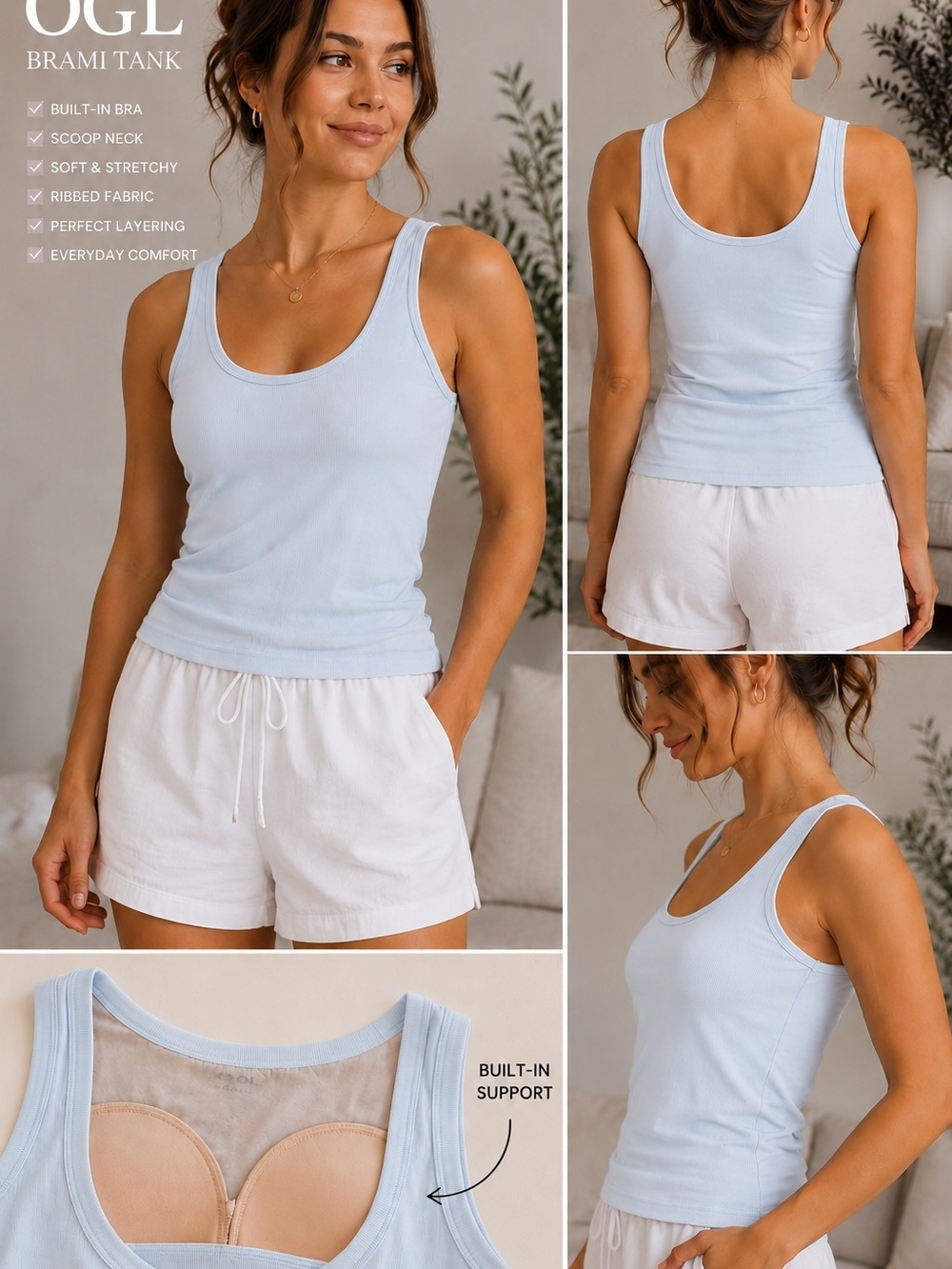 OGL XL Ribbed Brami Tank Built-In Bra Scoop Neck Pale Blue NWOT